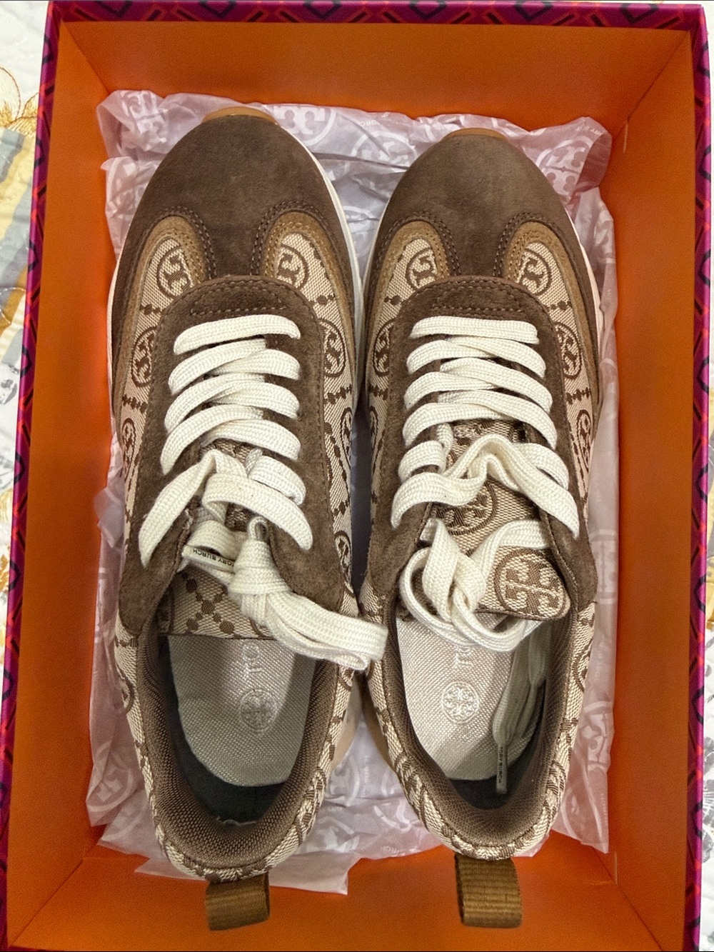 Tory Burch Brown Monogram Suede-Trim Sneakers with Cream Laces